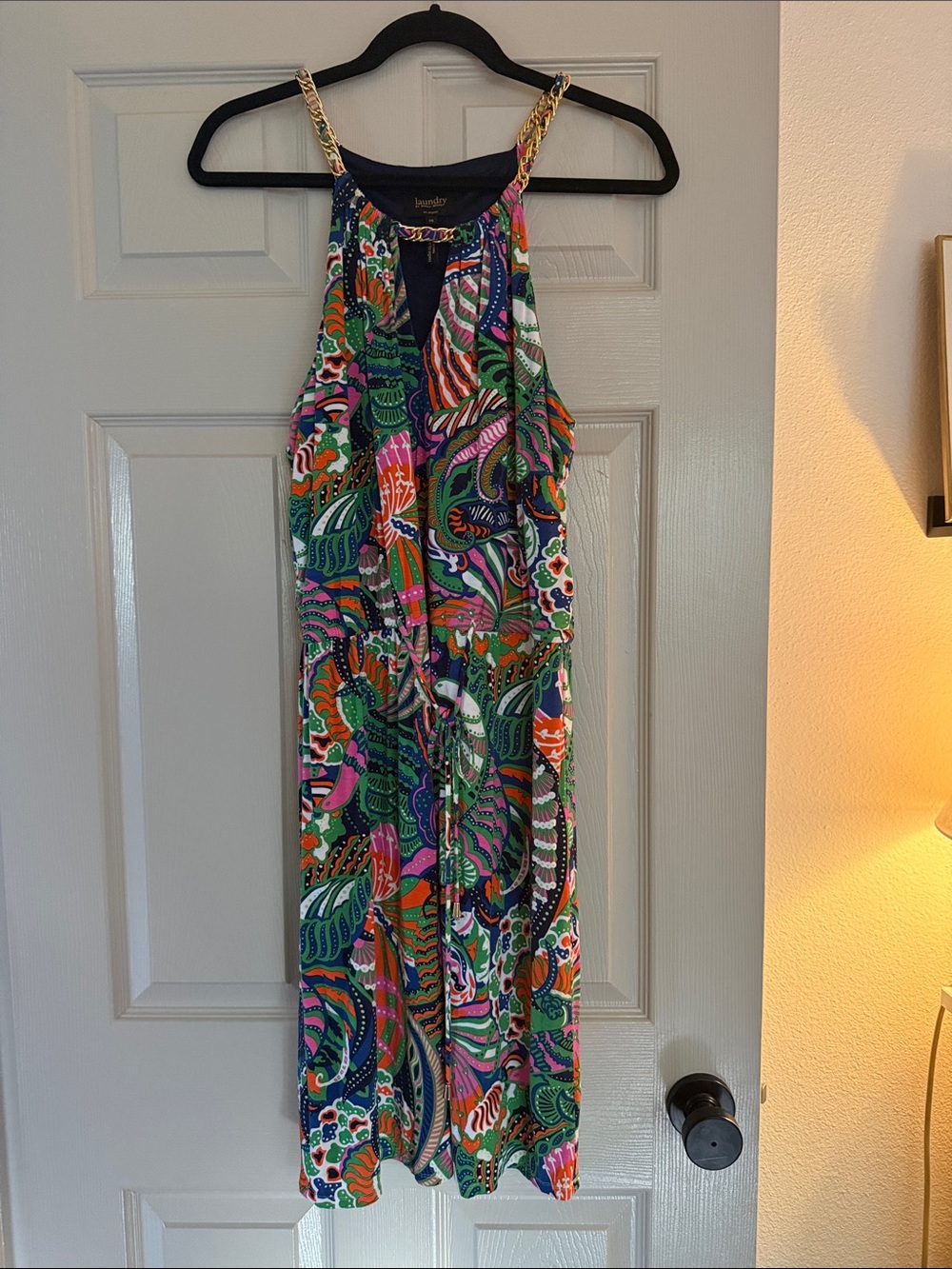 Laundry by Shelli Segal Navy Multicolor Chain-Accent MIDI Dress